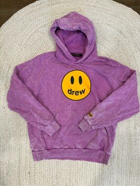 drew house pink pullover hoodie with yellow logo